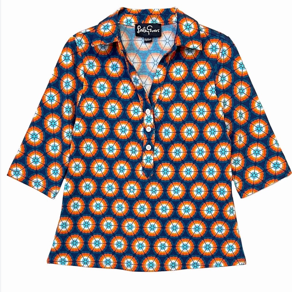 Lesley Evers Kimmy top Morning Glory Navy L NWT